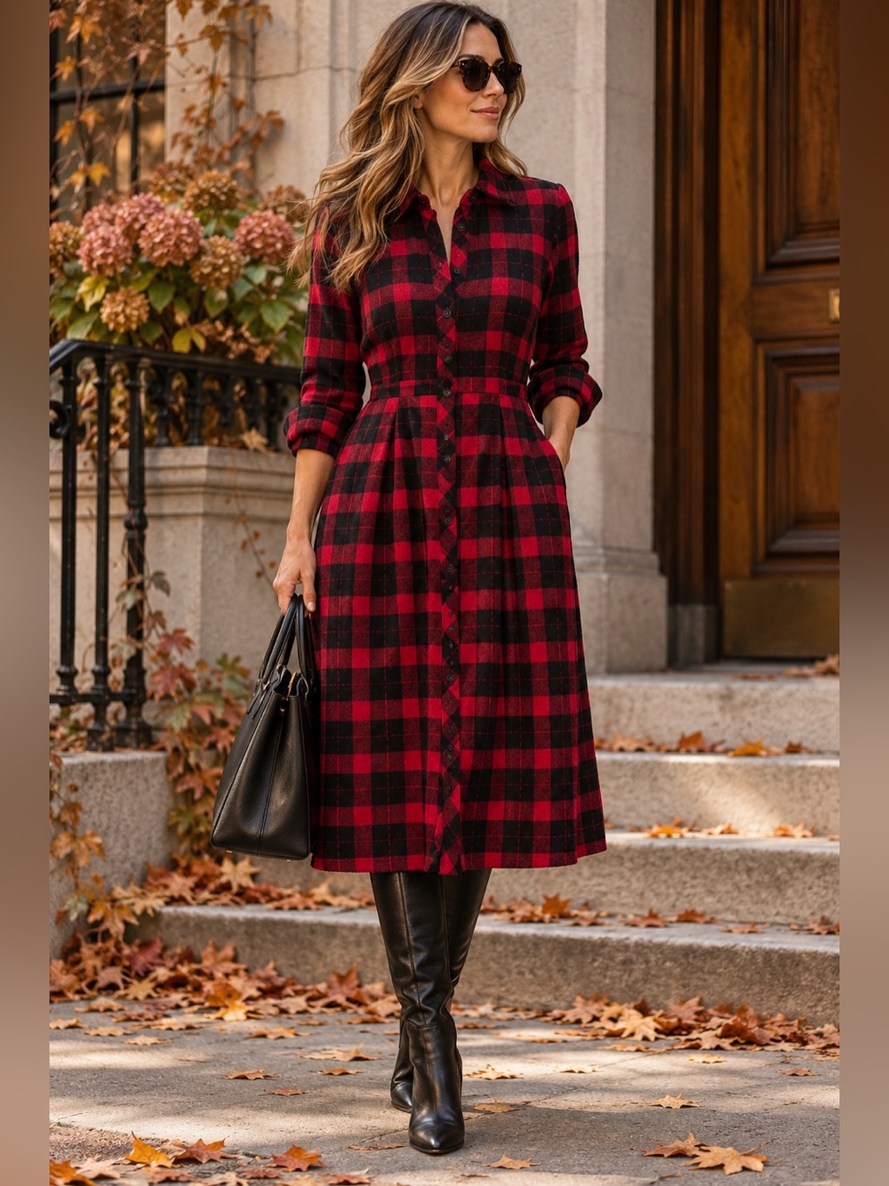 ModCloth Red Black Plaid Buffalo Check Button Front Shirt Dress Size 8